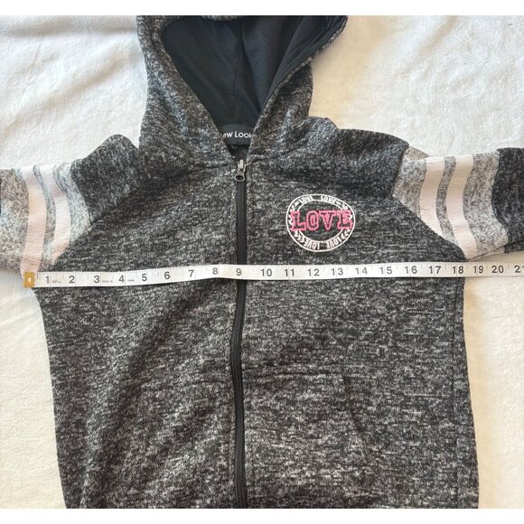 New Look Womens Gray & Pink Love Patch Cropped Zip-Up Hoodie W/ Striped Sleeves - Picture 10 of 13